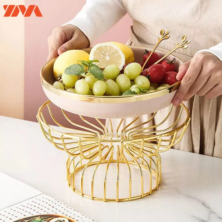 Wholesale ceramic tray gold frame high foot compote living room creative snacks tray dessert snacks fruit decoration plate