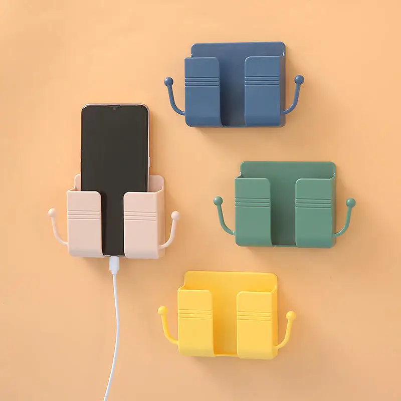 Home Wall Mounted Mobile Phone Holder with Self Adhesive for Bathroom Bedroom Kitchen Charger Stand Remote Control Storage Box