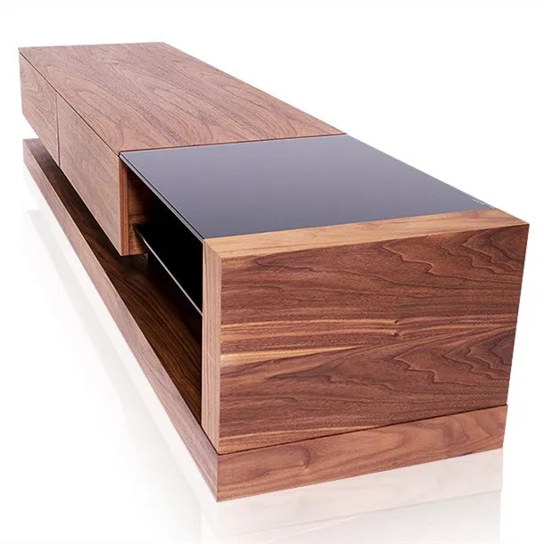 Natural walnut veneer MDF Wine Cabinet TV Stand Wall Unit Table Bar with stainless steel leg tempered glass top