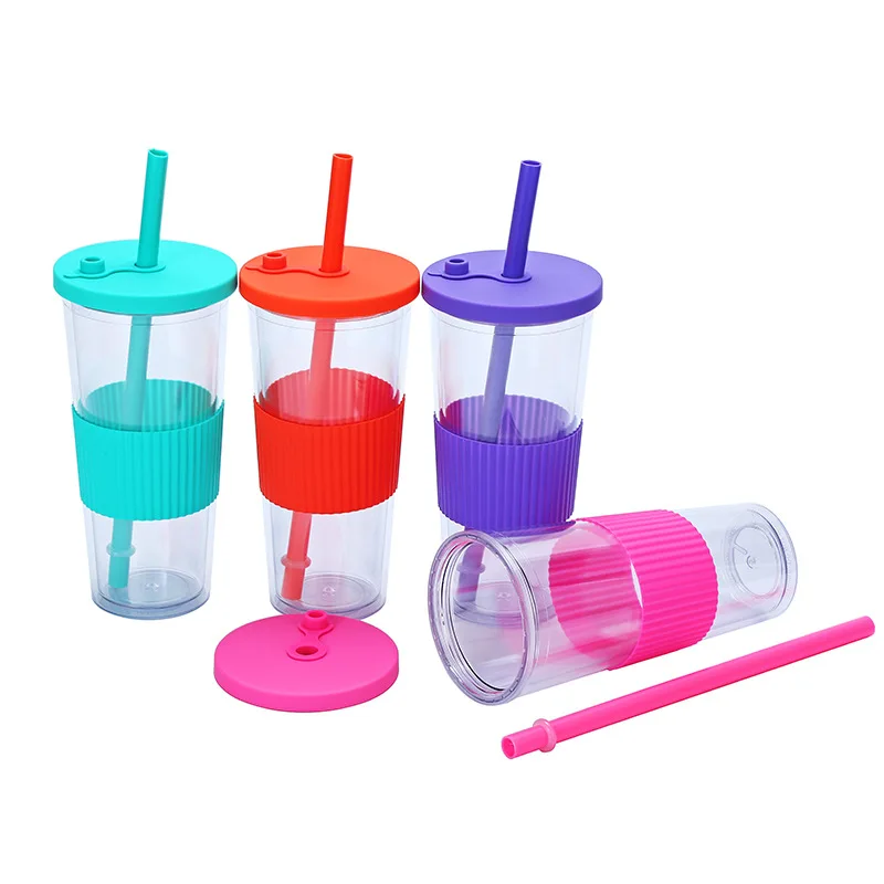 Wholesale Portable Double-layer Plastic Cup With lid and straw AS 24oz  Various color Large hole universal drink sports cup