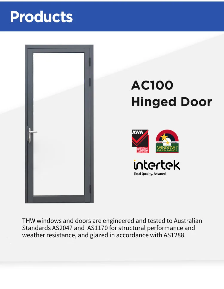 Australian Standard AS 2047 Aluminum Casement Door Hinged Glass Door Commercial Systems Hinged Door for Office Hot Sale