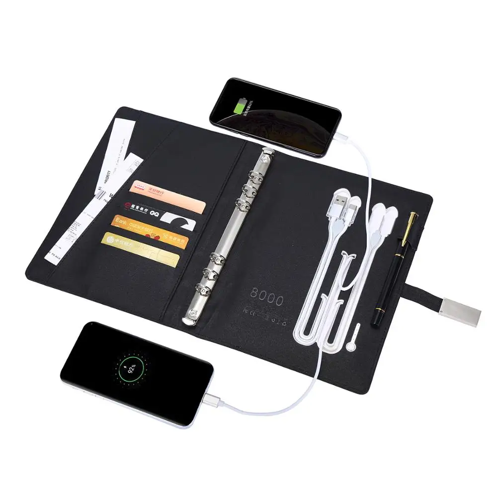 Customizable 8000mAh Powerbank A5 Leather Cover Loose Leaf Reusable Journal Power Bank Notebook With Usb Flash Drive
