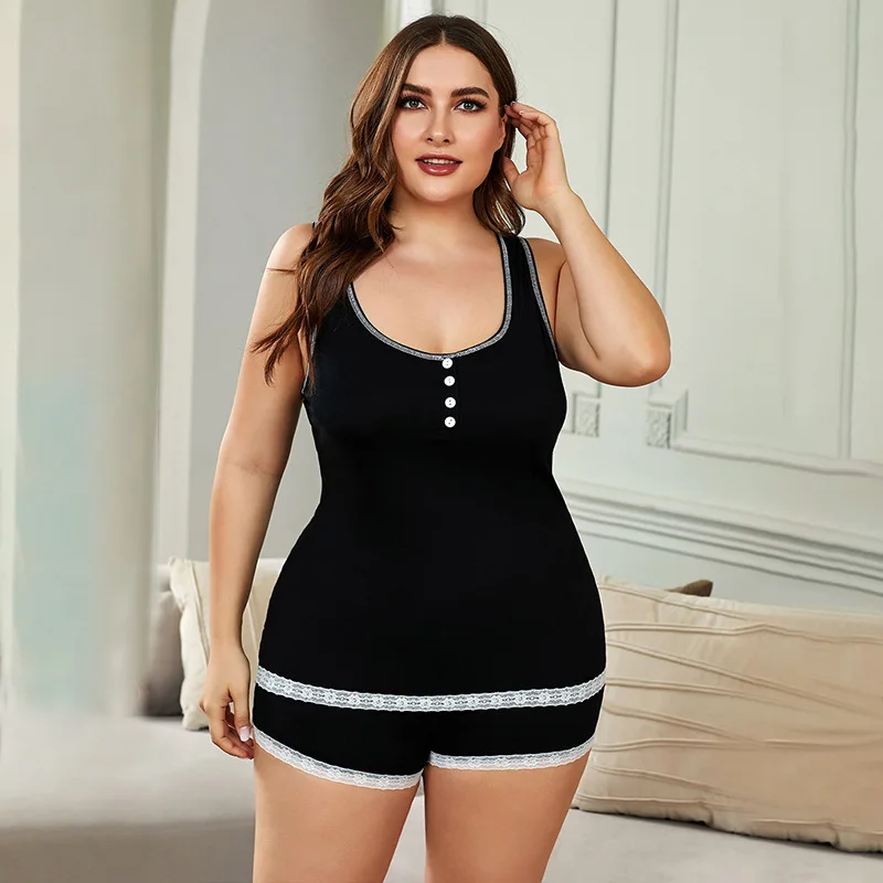 2021 Summer European and American style new home clothes pure color sports button plus size vest sleeping suit for women