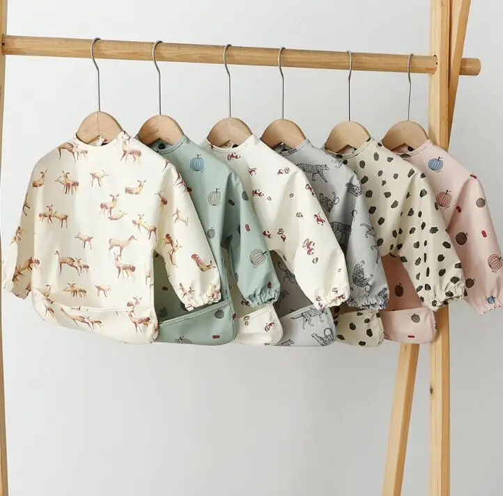 CE CPC certificate 60 designs PU smock bib baby bib waterproof feeding long sleeves apron support accept custom