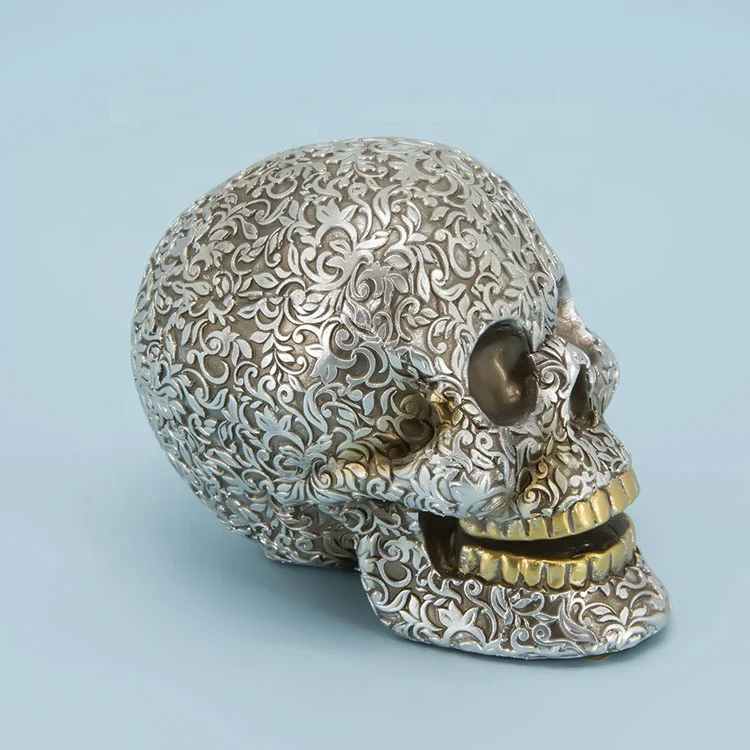 Latest Art Halloween Silver Gray Head  Skulls With Flower Pattern Ornaments