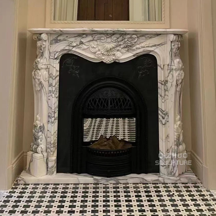 Antique Italian Arabescato Hand Carved Interior Decor Natural Stone White Marble Fireplace Surround