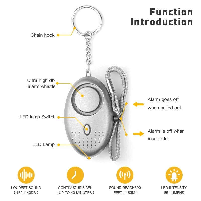 Factory Wholesale Price Multi Color Alarm Outdoor Security Self Defense Keychain 140dB with LED Light Alarm for Women