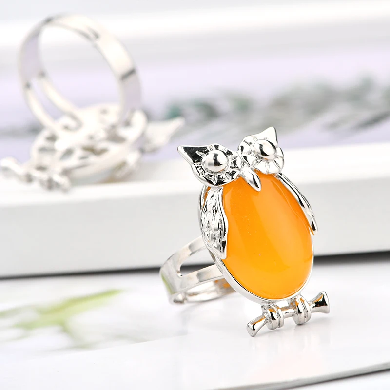 New Lovely Large Copper Bezel Oval Amethyst Adjustable Ring Animal Ring Owl Oval Crystal Ring