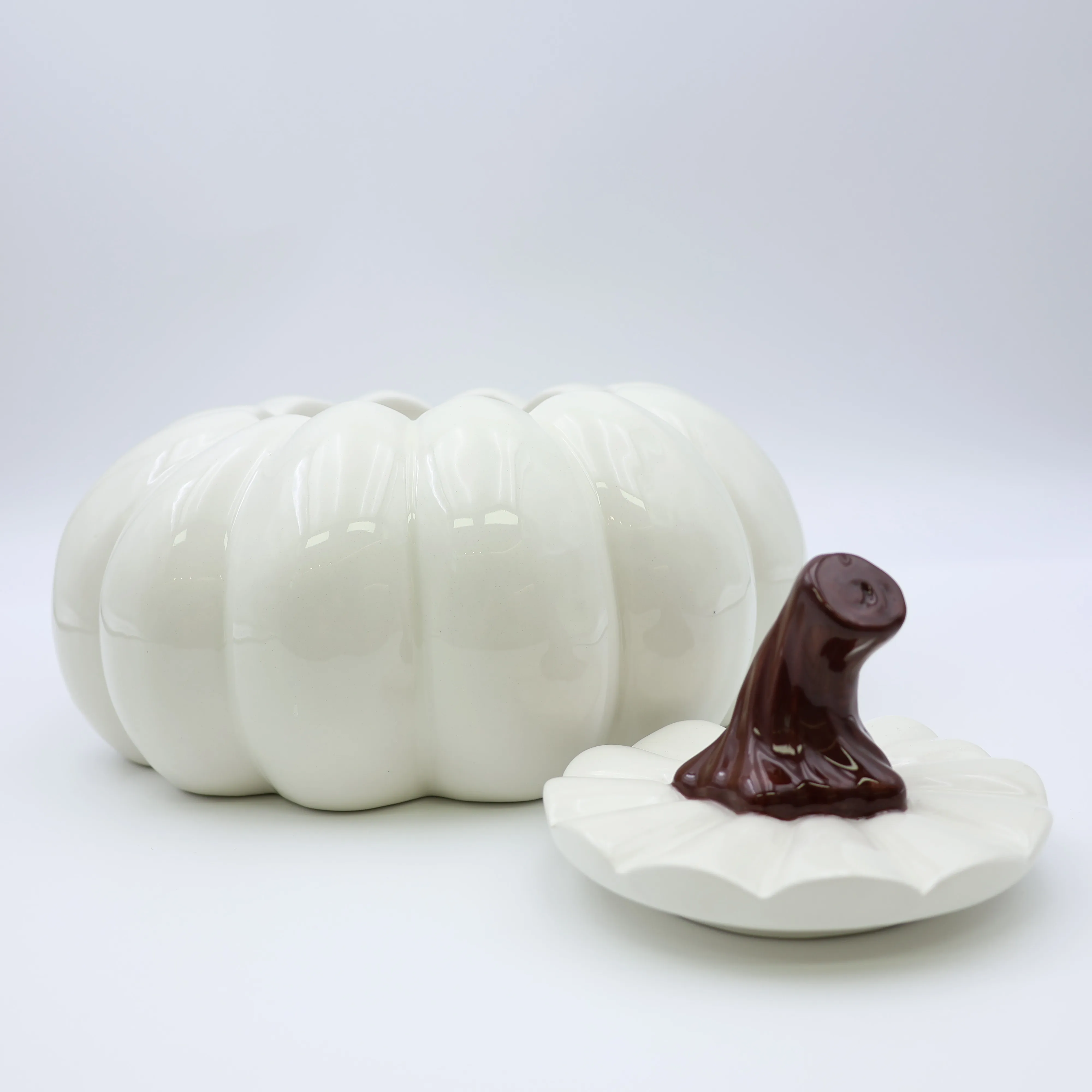 Custom Halloween cookie candy storage canister container decor round and flat large white Jack face pumpkin ceramic jar with lid