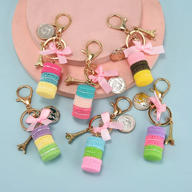 3D Three Layer Macaron Cake Carabiner Keychain Three Layer PVC Pendant Bow Metal Eiffel Tower Coins Lovely