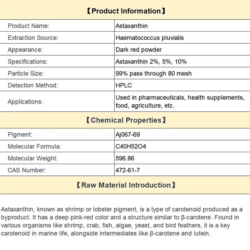 Natural Haematococcus pluvialis extract astaxanthin powder 1% 2% 5% can be used to produce capsules