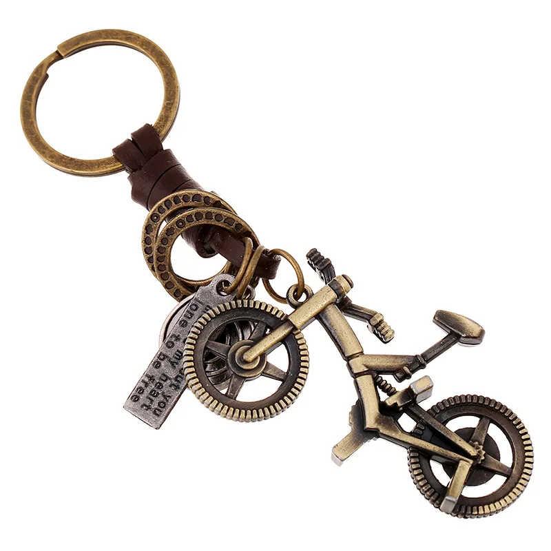 Trendy Punk Vintage Handmade Braided Leather Key Holder Antique Bronze Bike Bicycle Shape Keychains for Men