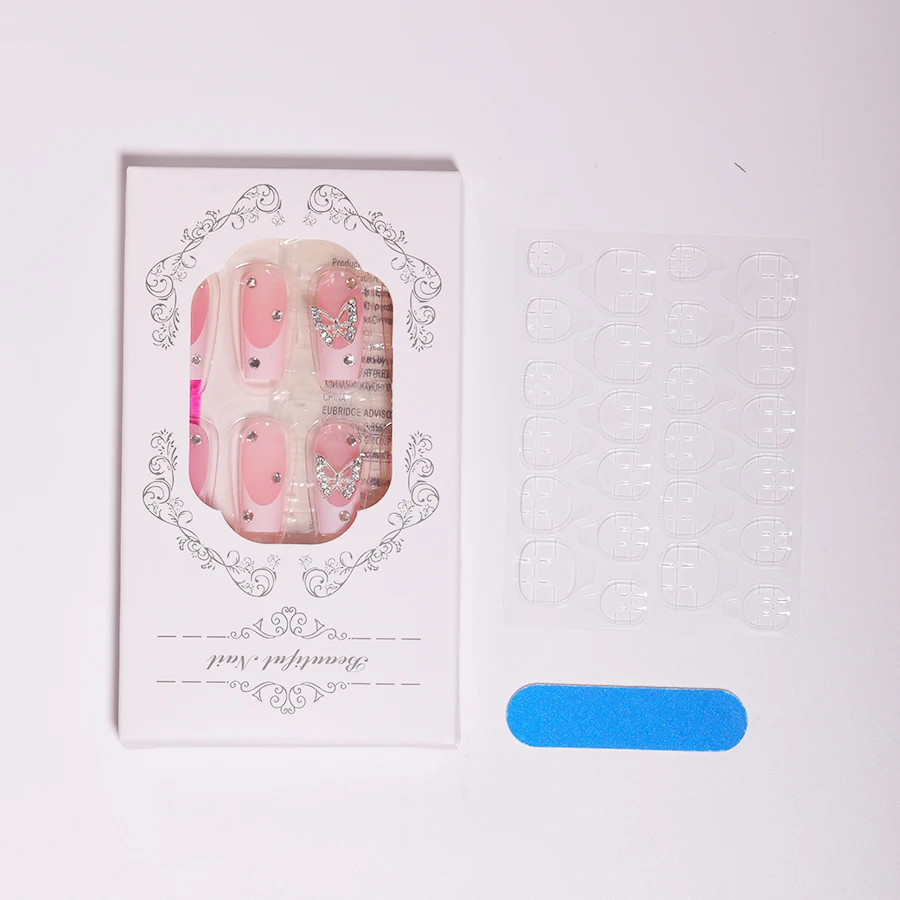 12 Sizes 24pcs Pink Artificial Fingernails French Gel Nails Press on Custom Print Press on Nails