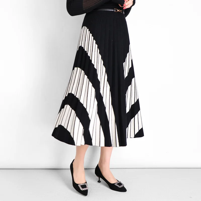 Women Fashion Color Blocking A Line Midi Long Skirt Stretch Waist Pleated Autumn Winter Knitted Pleated Skirt