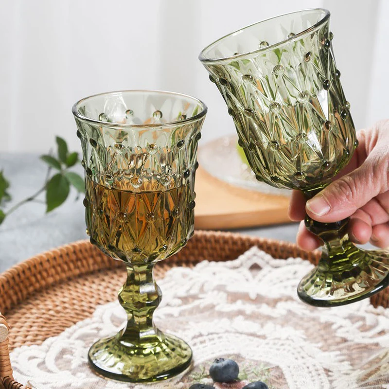 Vintage Lead-free Green Milk Purple Gray Fruit Bubble Wine Glass Embossed Colored  Wedding Wine Glass Red Wine Goblet Glass