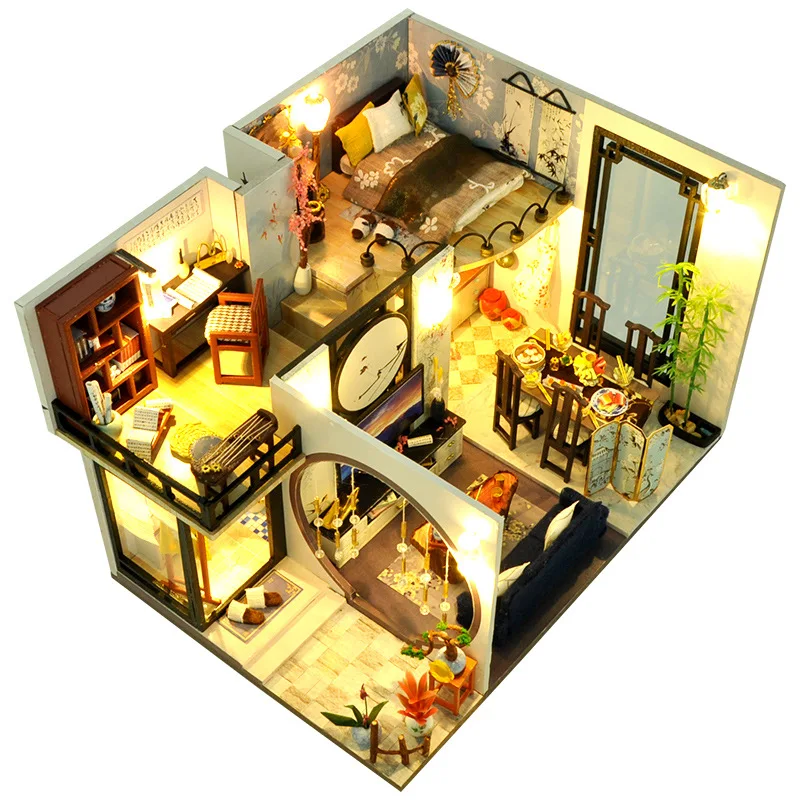 Handmade Assembly Model 3D DIY Wooden Doll House Miniature Dollhouse Creative Toy Gift for Children and Boys