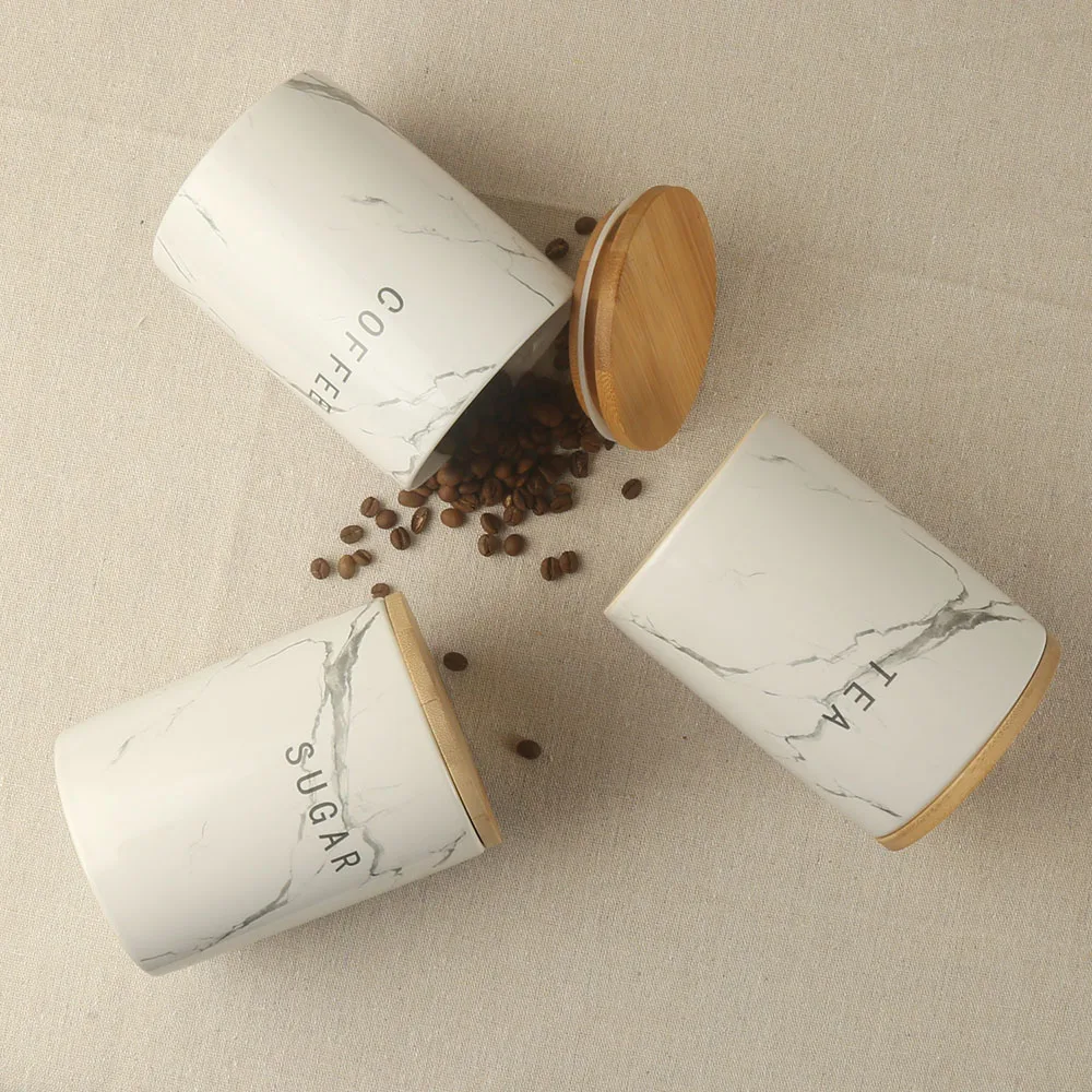 700ml gray marble decal custom design ceramic coffee tea sugar canister jar with bamboo lid and silicone ring set