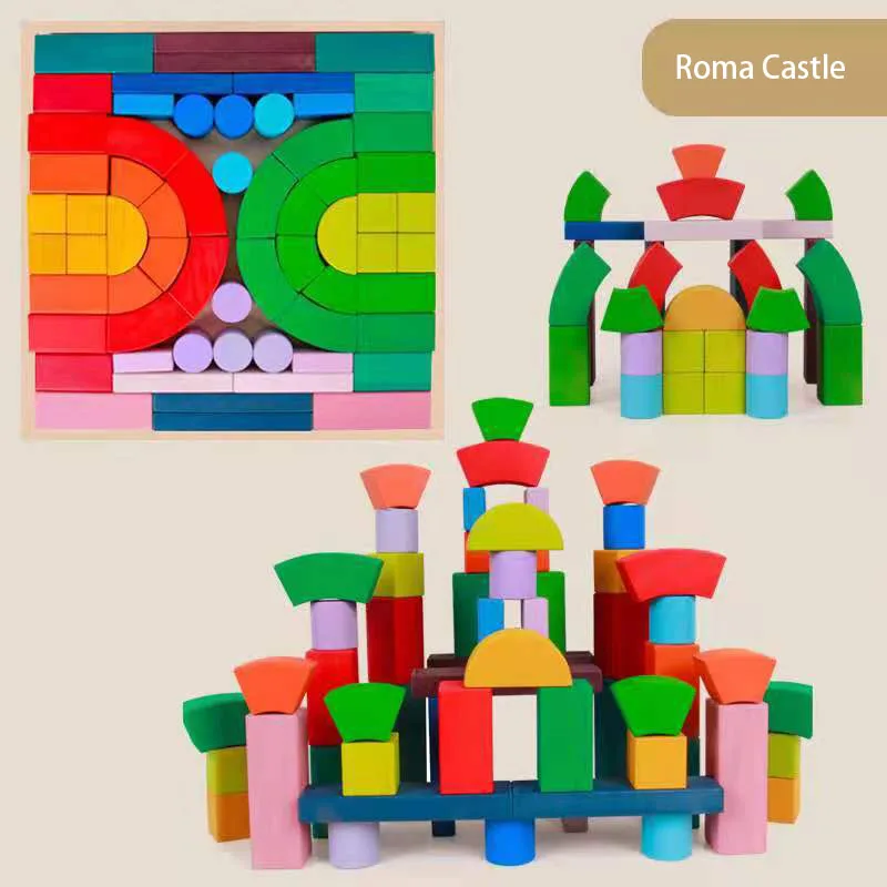 Wooden Building Blocks Set -Large Rainbow Wood Blocks in Colors and Shapes(The Arabian Nights/4 Elements/Castle/Soccer Field)
