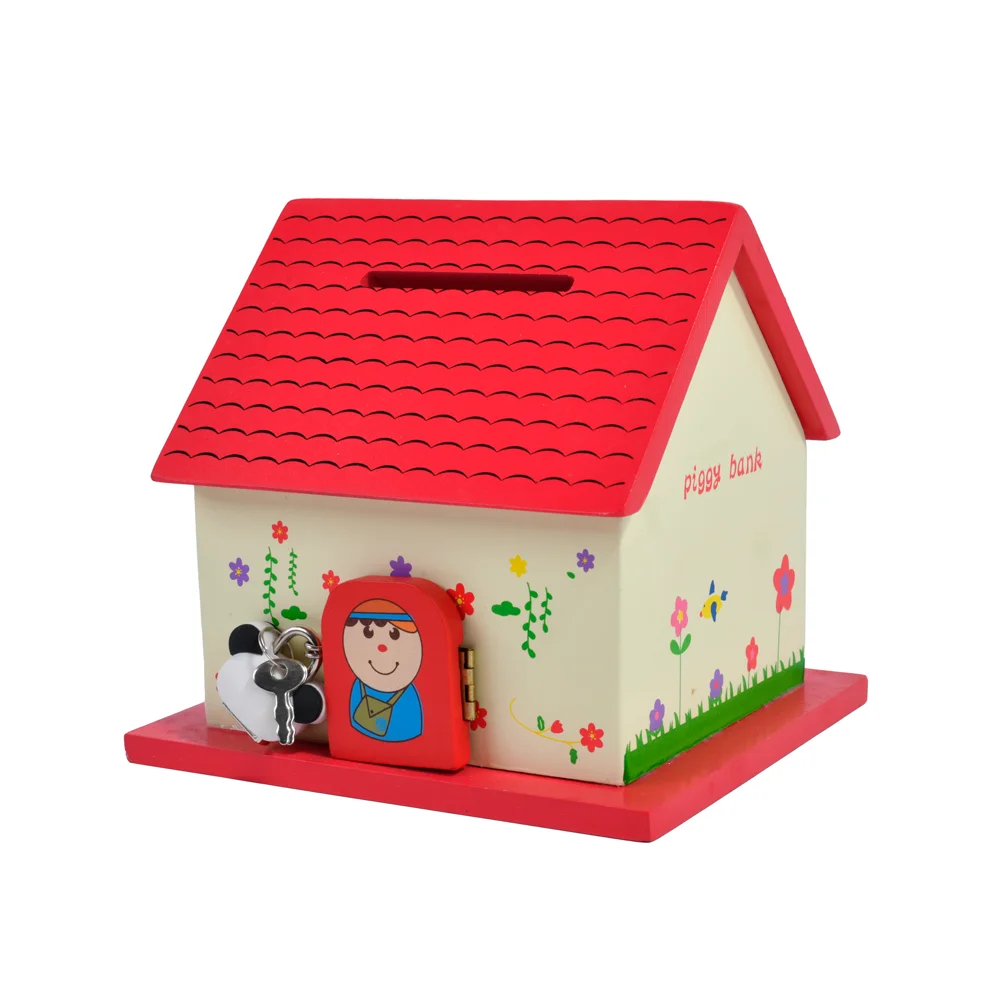 cartoon country house toy wooden coin bank house piggy bank with lock