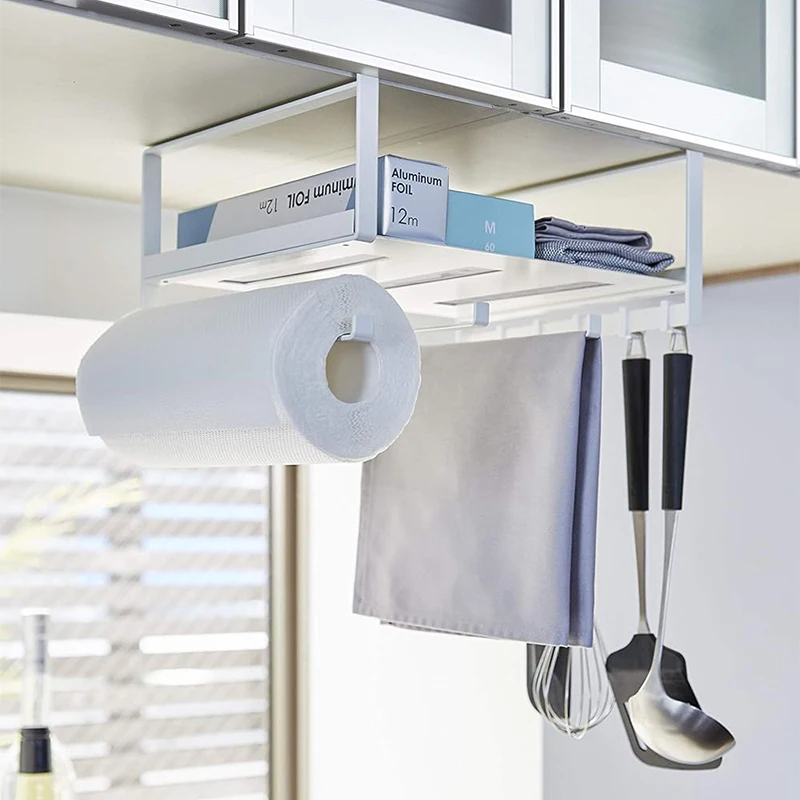 With hook steel unique cupboard Hanging Basket Shelves Under Rag Roll paper organization holder Kitchen utensils storage rack