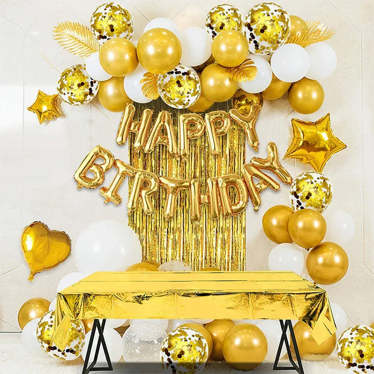 Gold Happy Birthday Alphabet Foil Balloon Banner Foil Fringe Curtain Balloon Set Party Supplies for Photo Booth Background Deco