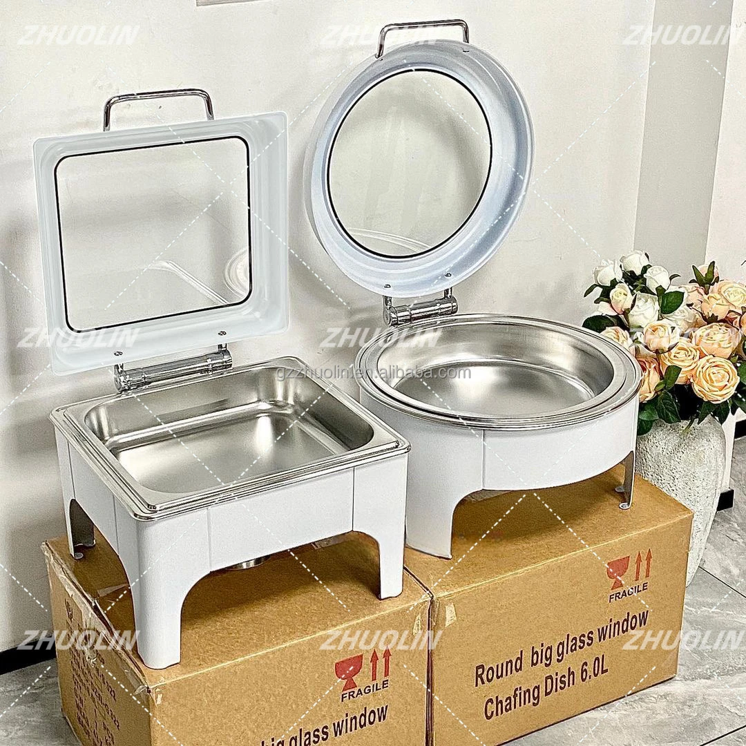 catering tools sterno round square hydraulic glass luxury chaffing dishes buffet food warmer in matte white colour chafing dish