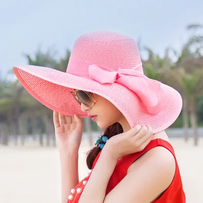 Wholesale colorful and stylish big folding straw hat with big floppy ribbon beach hat gorras verano 2020