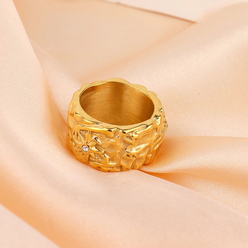 Minos Designs Irregular Texture Ring Gold Plated Stainless Steel Waterproof Ocean Jewelry 18k Chunky Rings Women with Zircon