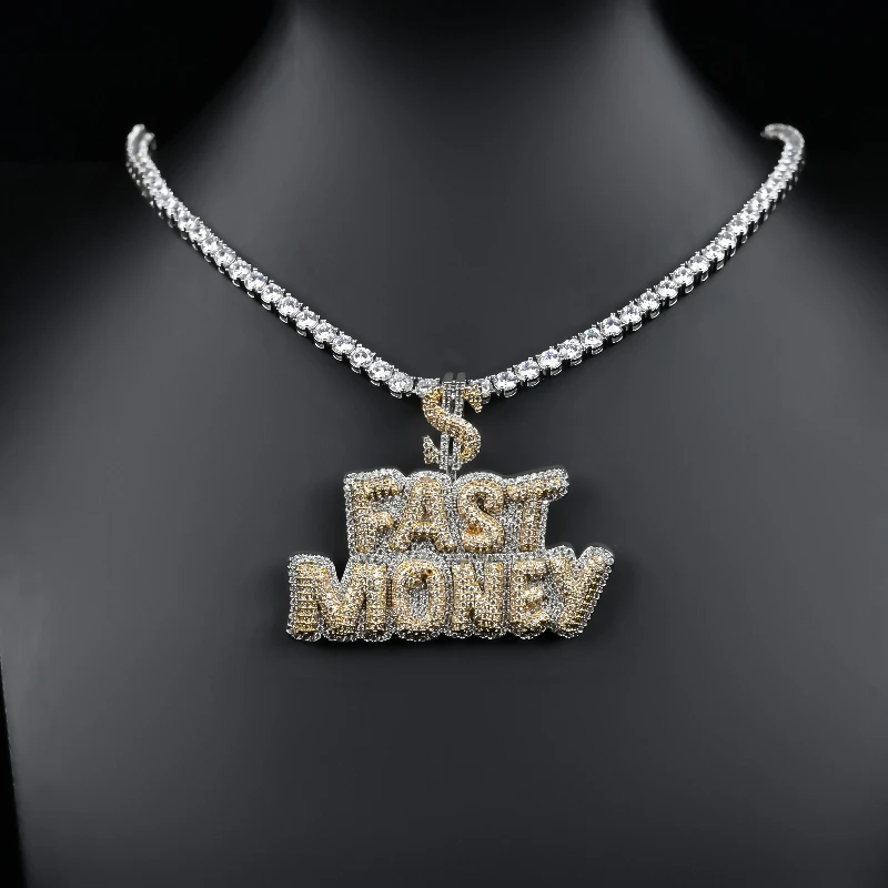Luxury Hip Hop Bling Men Pendant Full Iced Out Rectangle CZ Cubic Zirconia Dollar Sign Fast Money Necklace Pendant