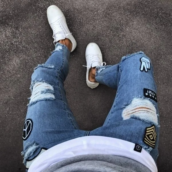 Wholesale Stylish Patchwork Design Ripped Skinny Distressed Denim Jeans For Men With Pattern