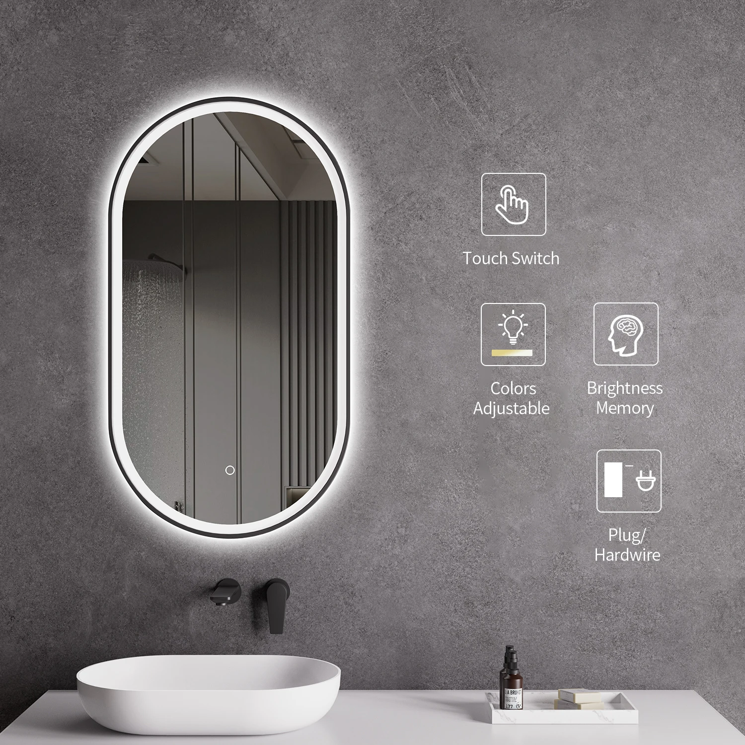 Wall-Mounted Oval LED Bathroom Mirror with Light Touch Screen for Bedroom Home Hotel Decorative Purpose
