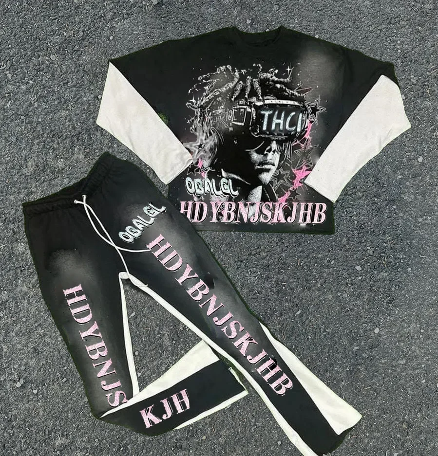 Custom Men Hip Hop Streetwear Oversized Polyester Cotton Cargo Set Acid Wash Unisex Two Piece Stacked Joggers Set