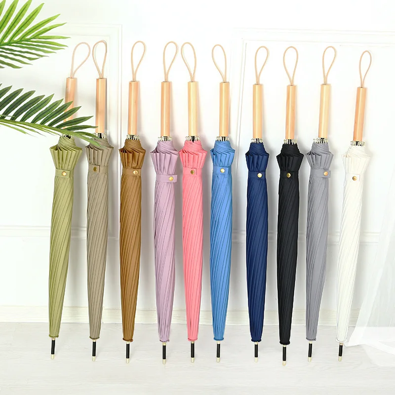 China supplier Straight Umbrella 16 ribs wind protect stick umbrella Modern design wood handle parasol