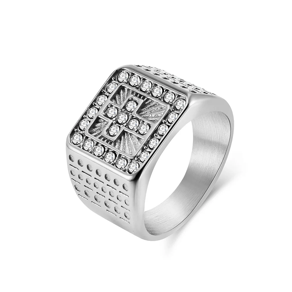 15mm Titanium Steel Ring Silver Gold Light Luxury Cross Square Full Diamond Stainless Steel Ring finger rings 745