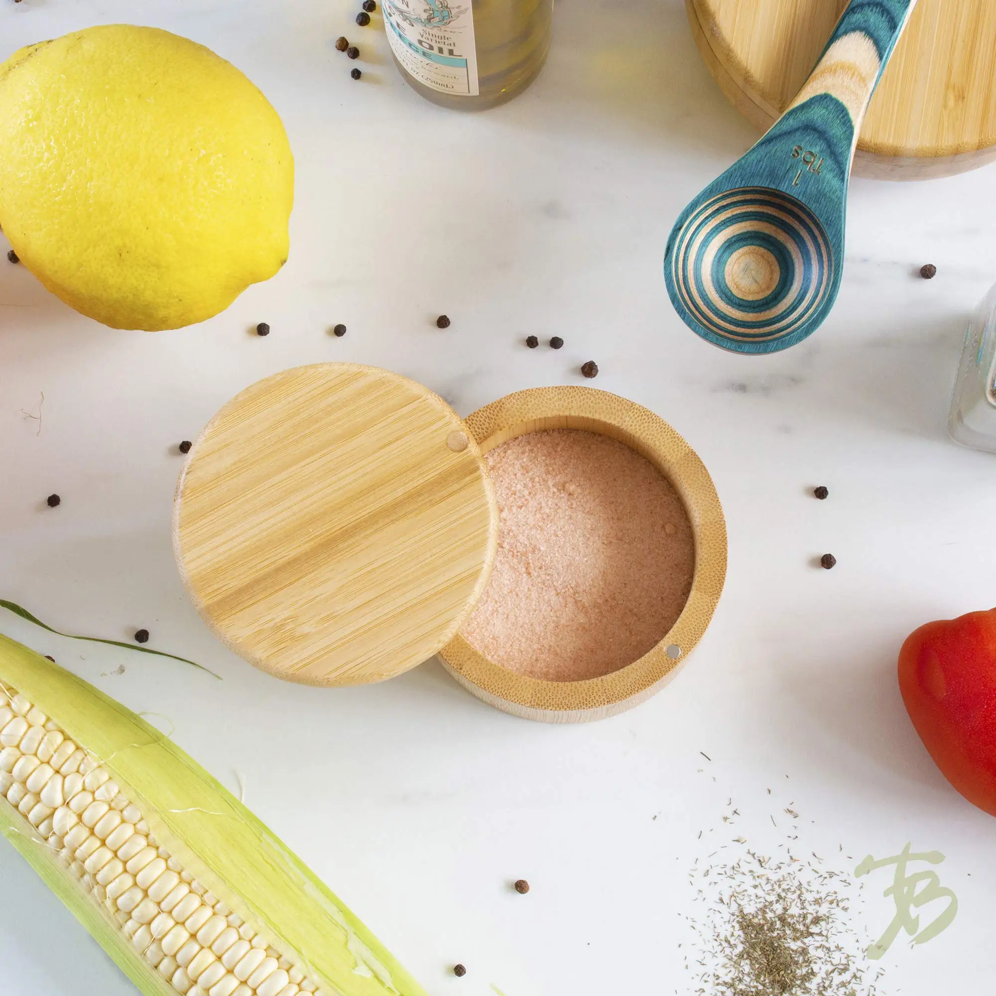 Bamboo Storage box Salt Cellar Round Spice Box Container with Swivel Magnetic lid 6 ounces