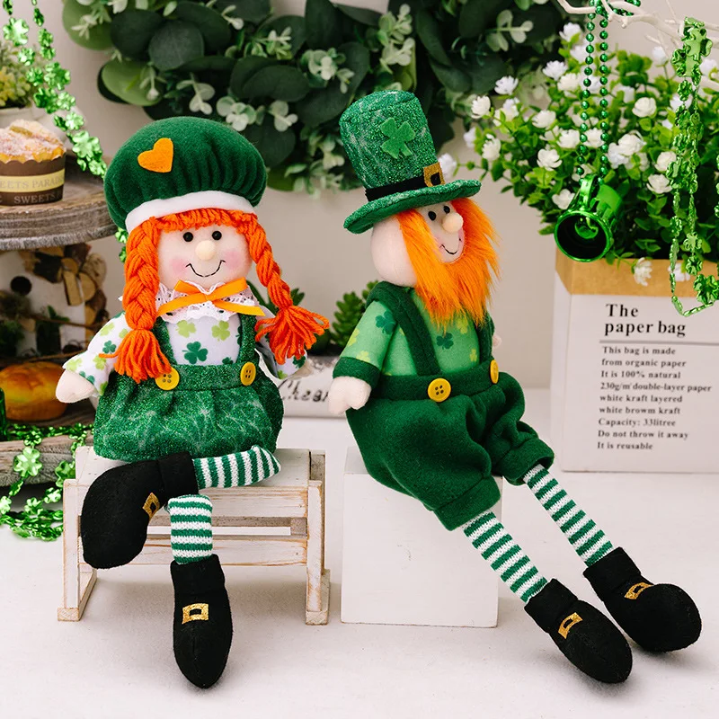 St.Patricks Day Decoration Retractable Standing Festival Lucky Clover Doll Tomte Gnome Plush Toy Ireland Lucky Elf Plush Toys