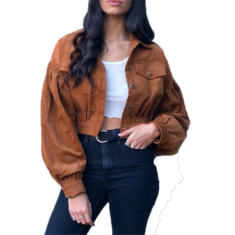 Casual corduroy buttons bomber long sleeve crop top jackets women Spring office lady solid coat female lapel short jackets