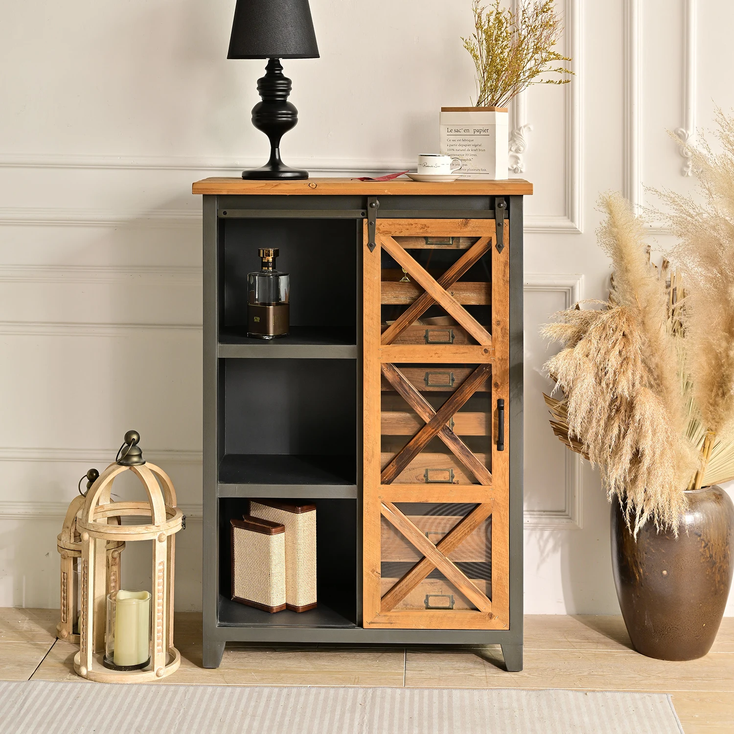 INNOVA HOME antique kitchen sideboard furniture solid wood cabinet with slide barn door