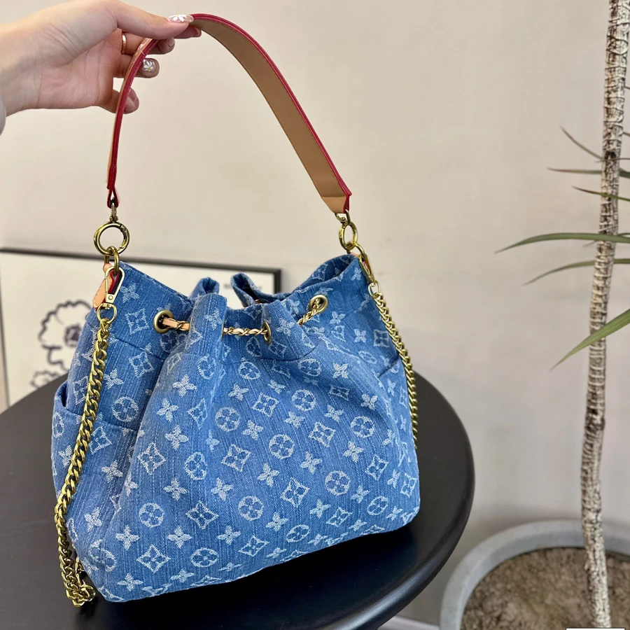 Laura Day 2024 new denim print underarm medieval bag Alphabet Tote bag Large capacity single shoulder crossbody bag