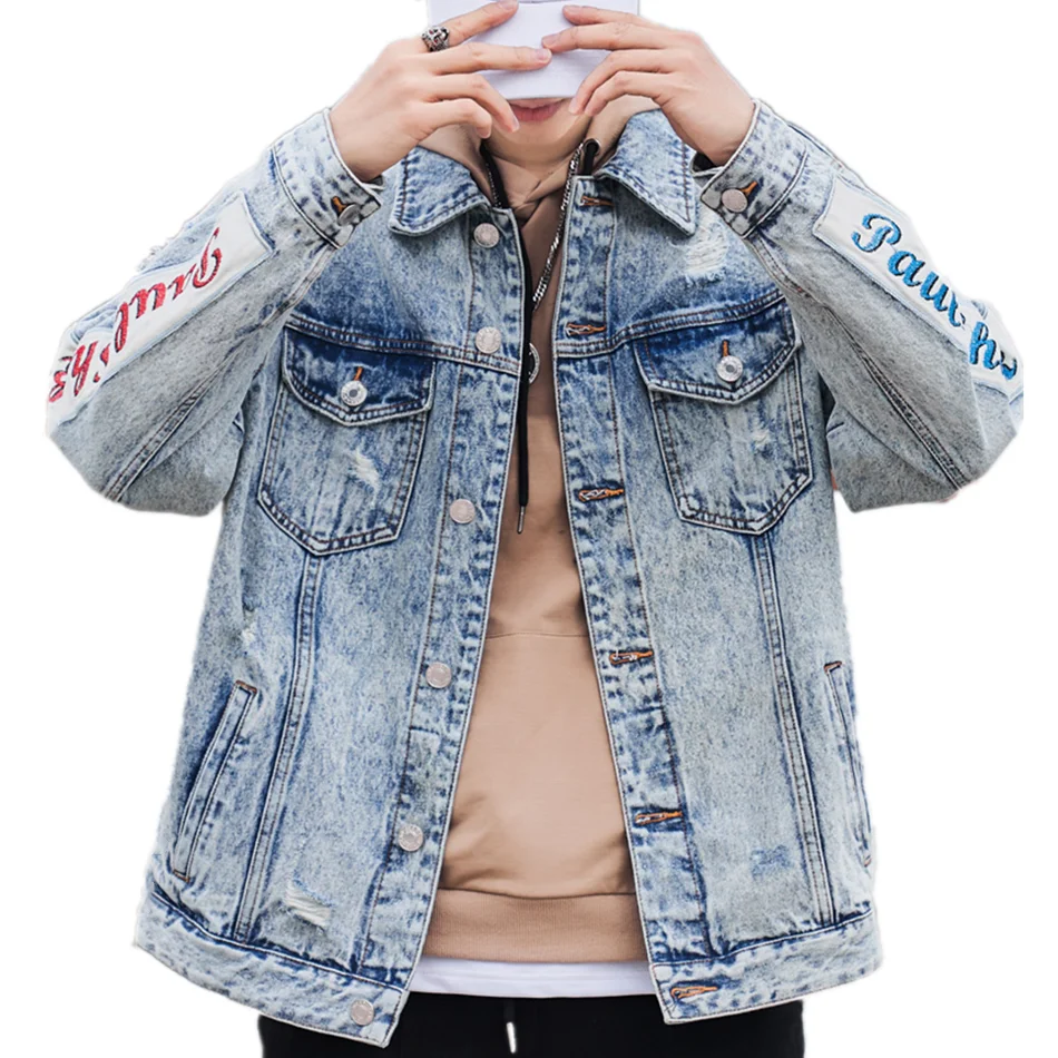 2021 New Fashion Acid Washed Denim Jacket With Big Patches Long Sleeve Distressed Patch Denim Jacket For Men