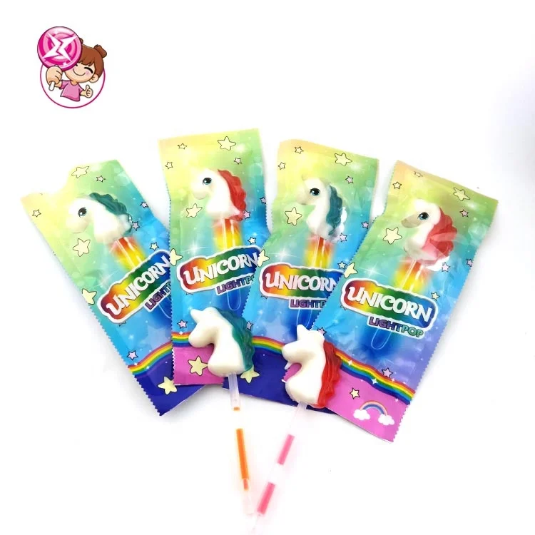 The factory wholesale halal fruit-flavored unicorn-shaped lollipops for kids