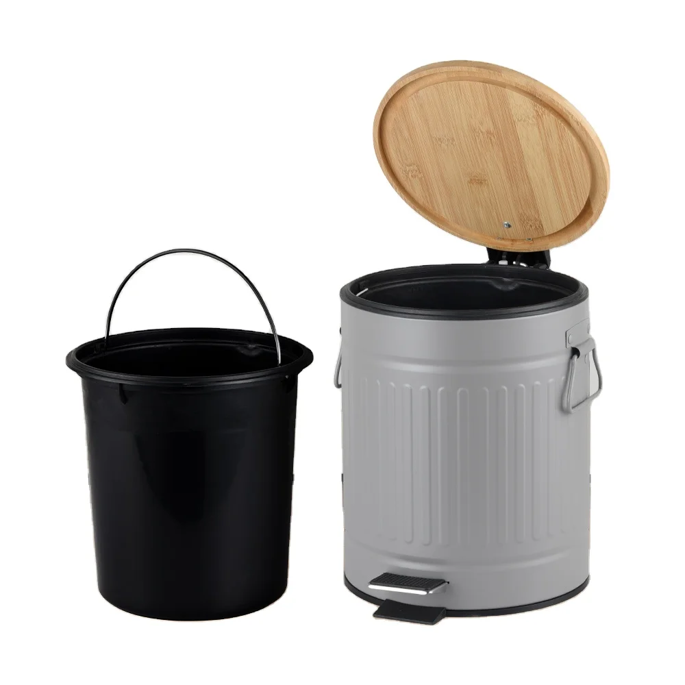 Wholesale Household Metal Powder Coating Waste Bin Eco-friendly Pedal Waste Bin With Bamboo Lid Dust Bin