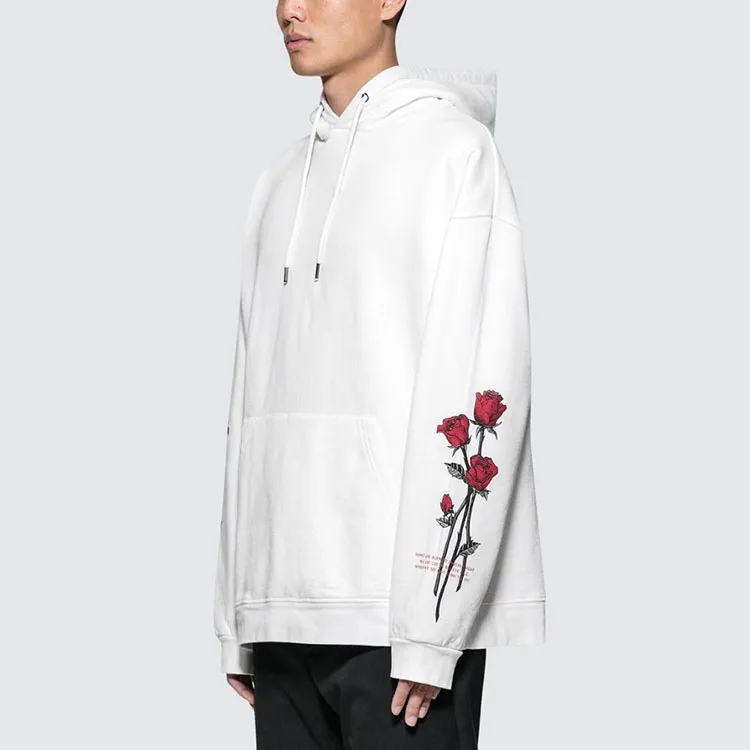 Custom Fashion Casual Mens Heavy Hoodie High Quality 100% Cotton Rose Flower Embroidery Plain White Hoodies