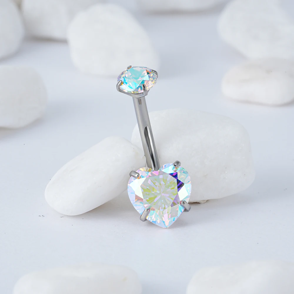 Right Grand ASTM F136 Titanium 14G Heart Shaped CZ Belly Button Ring Navel Curved Barbell Stud Body Piercing Jewelry