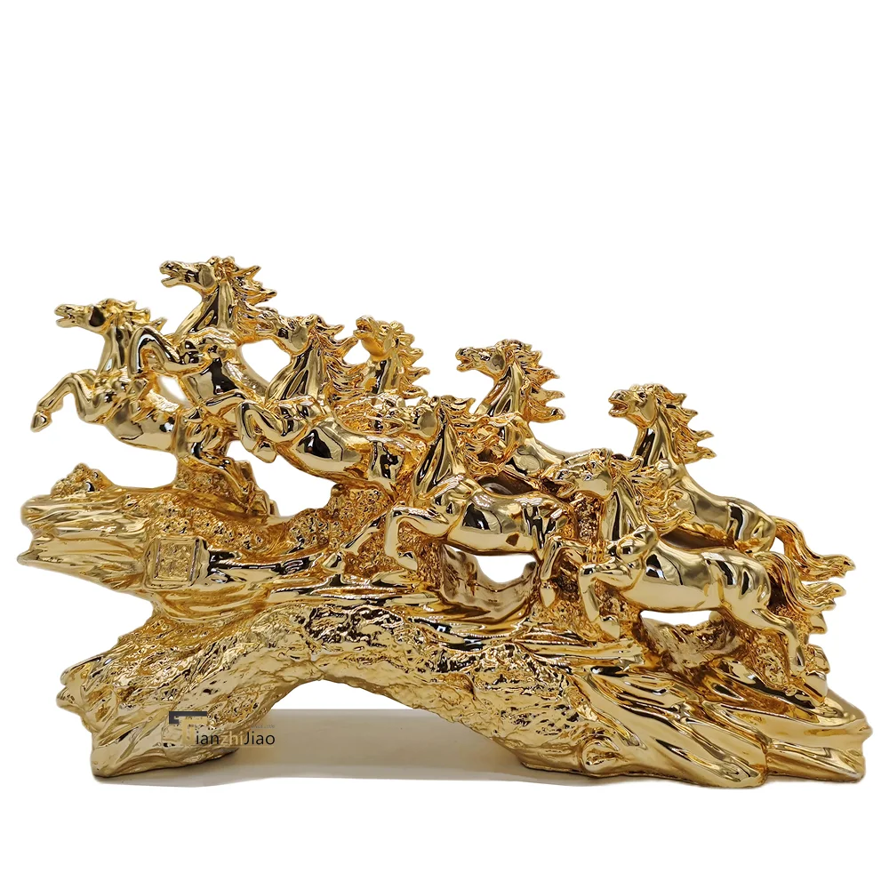 Gold Plated Resin Art Eight Steeds Sculpture Statue Home Office Decoration Craft Custom Horse