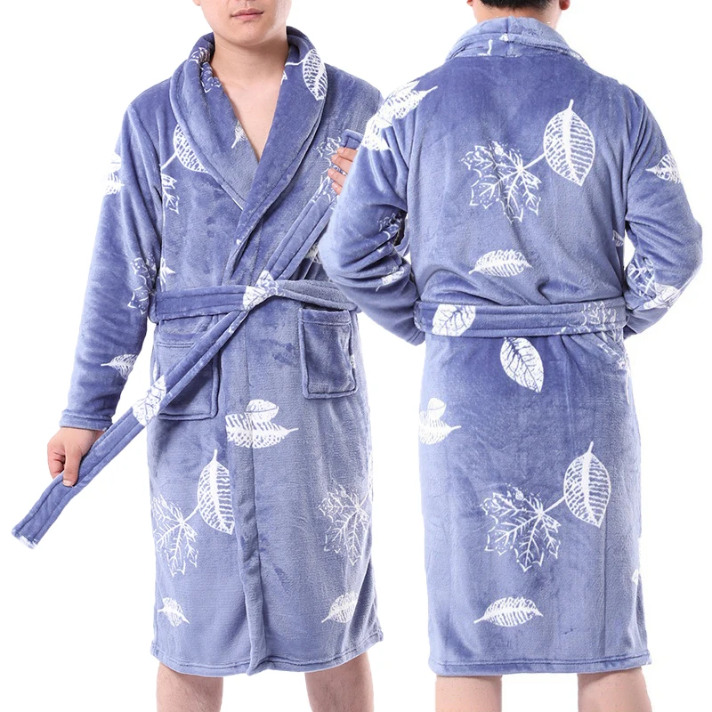 
high quality fashion white leaves printed drawstring flannel one piece sleepwear men luxury pajamas from china 