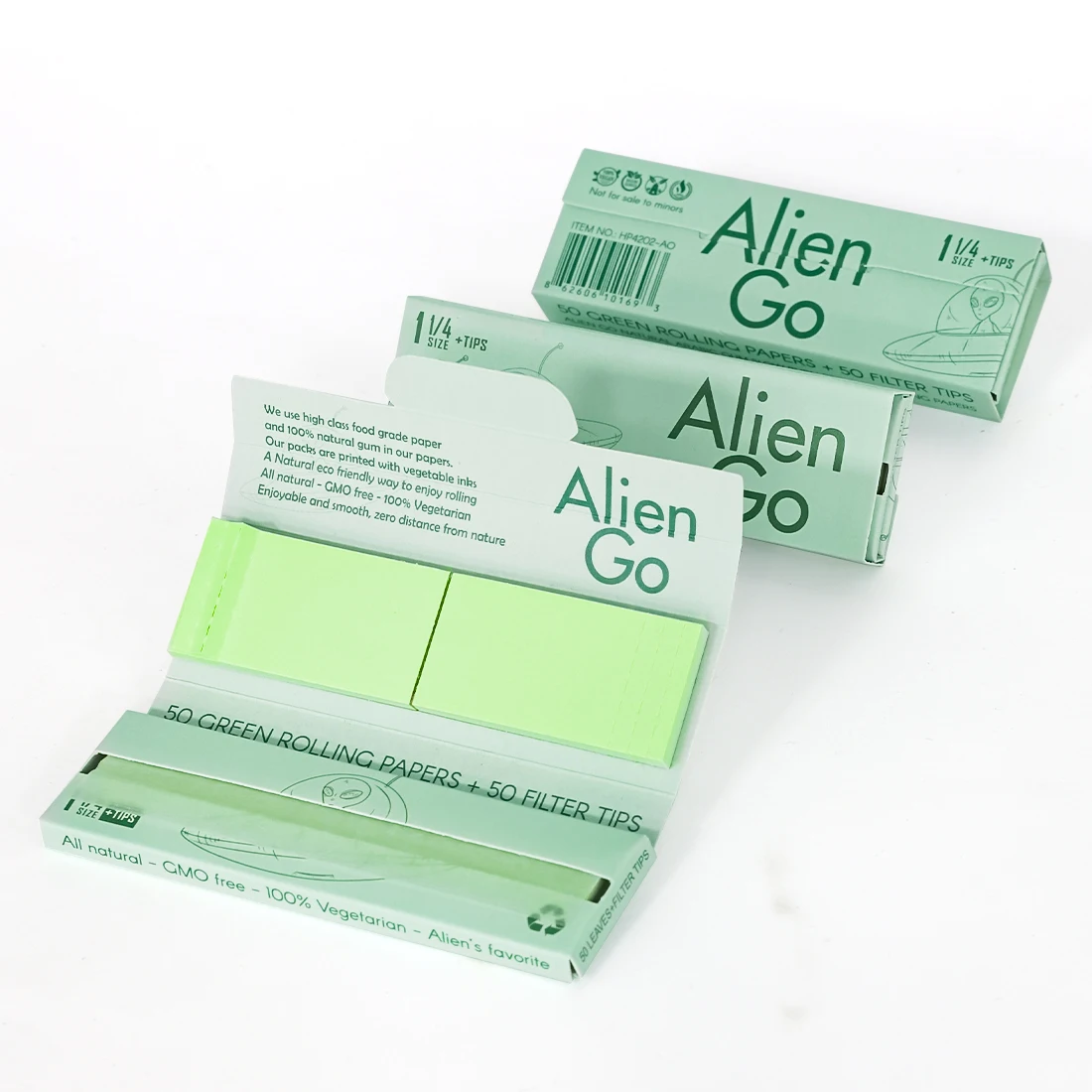 Alien Go Smoking Rolling Paper 1 1/4 Size Organic Green Paper 50 Leaves with Filter Tip for Wholesale Custom Logo Smoking Paper