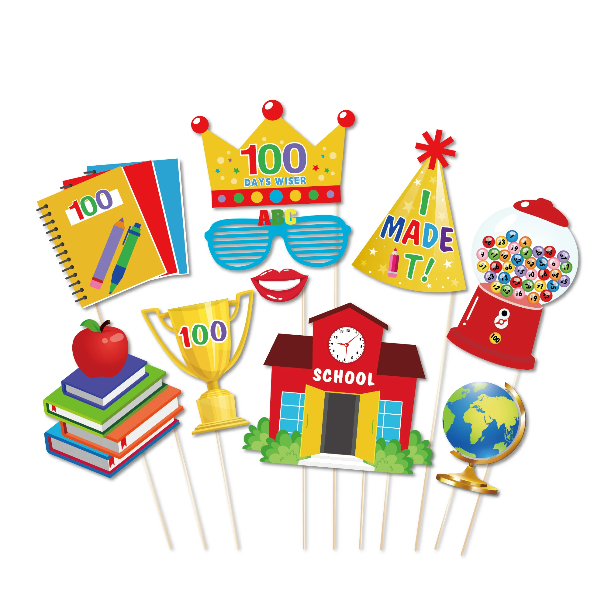 Huancai 100th Day Of School Photo Booth Props 25 PCS Party Selfie Props Kit with Sticks for Hooray 100th Day Party Supplies