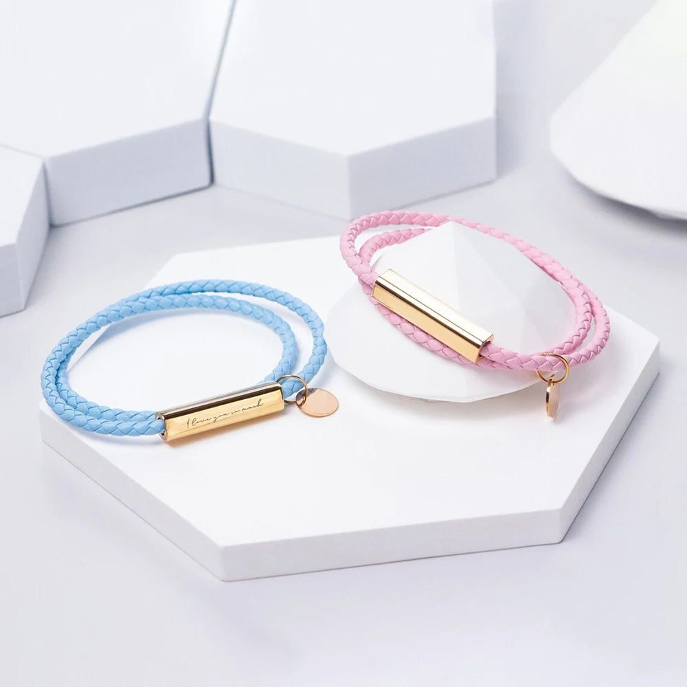 Personalized Diy Valentine Day Jewelry Stainless Steel Engraved Layered Braided Custom Leather Couple Bracelets