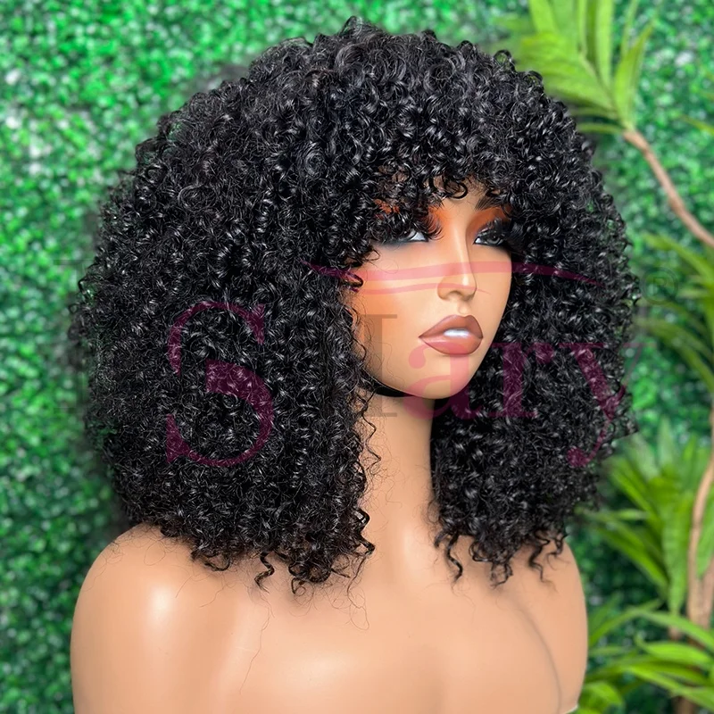 Cheap SDD super double drawn 100% human hair vendors afro kinky curl 300% density short fringe wigs with for black women